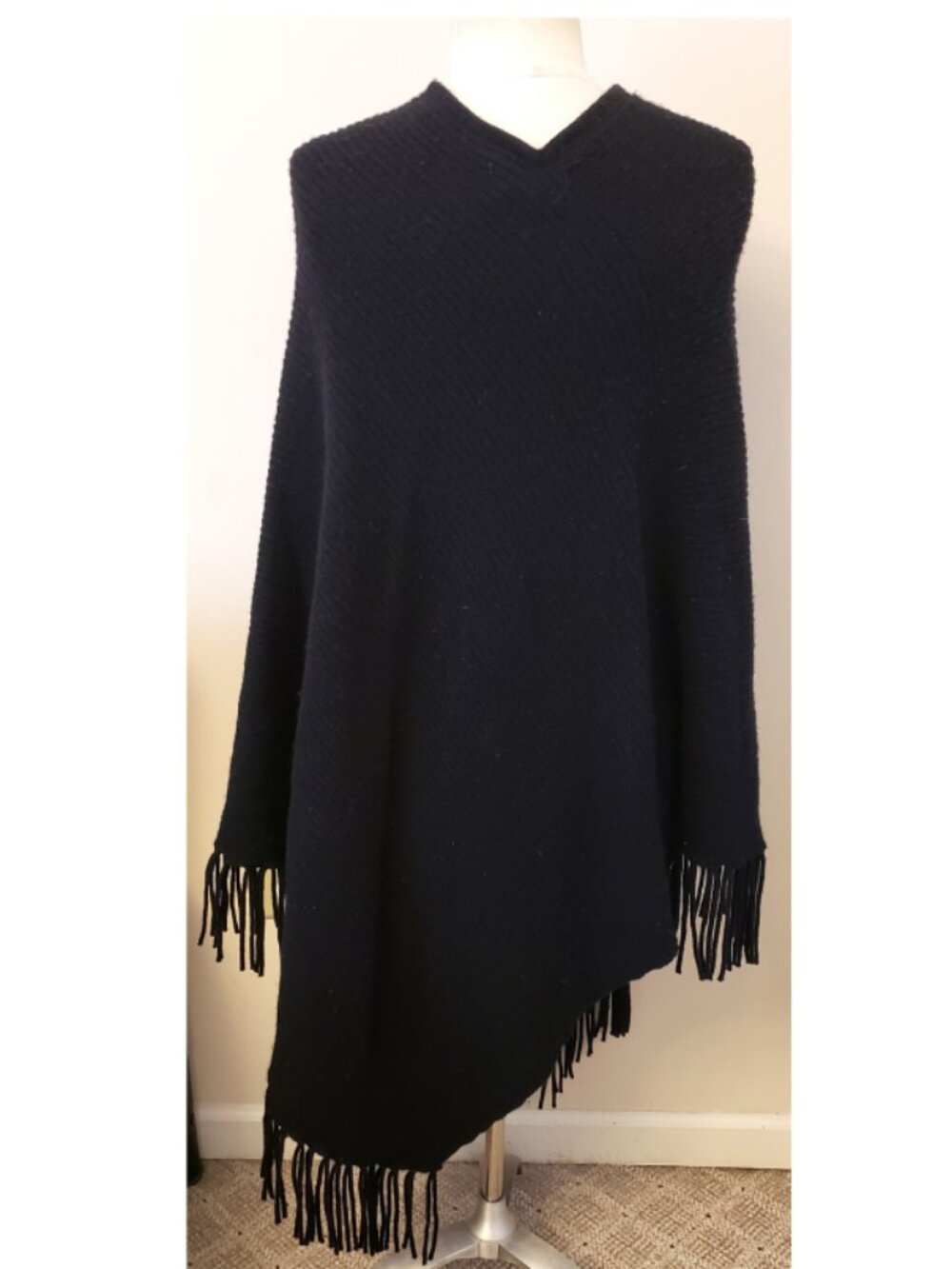 Mitchie's Poncho Cape w/ Fur Trim Fringe One Size Black 100% Wool